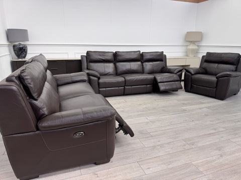Brown Leather 3 & 2 Seater & Armchair Power Recliner Large Sofa Set