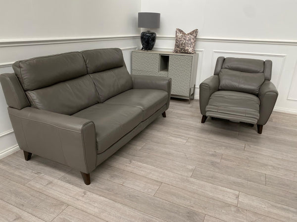 Furniture Village Zen Grey Leather 3 Seater + Power Recliner Armchair Sofa Set3