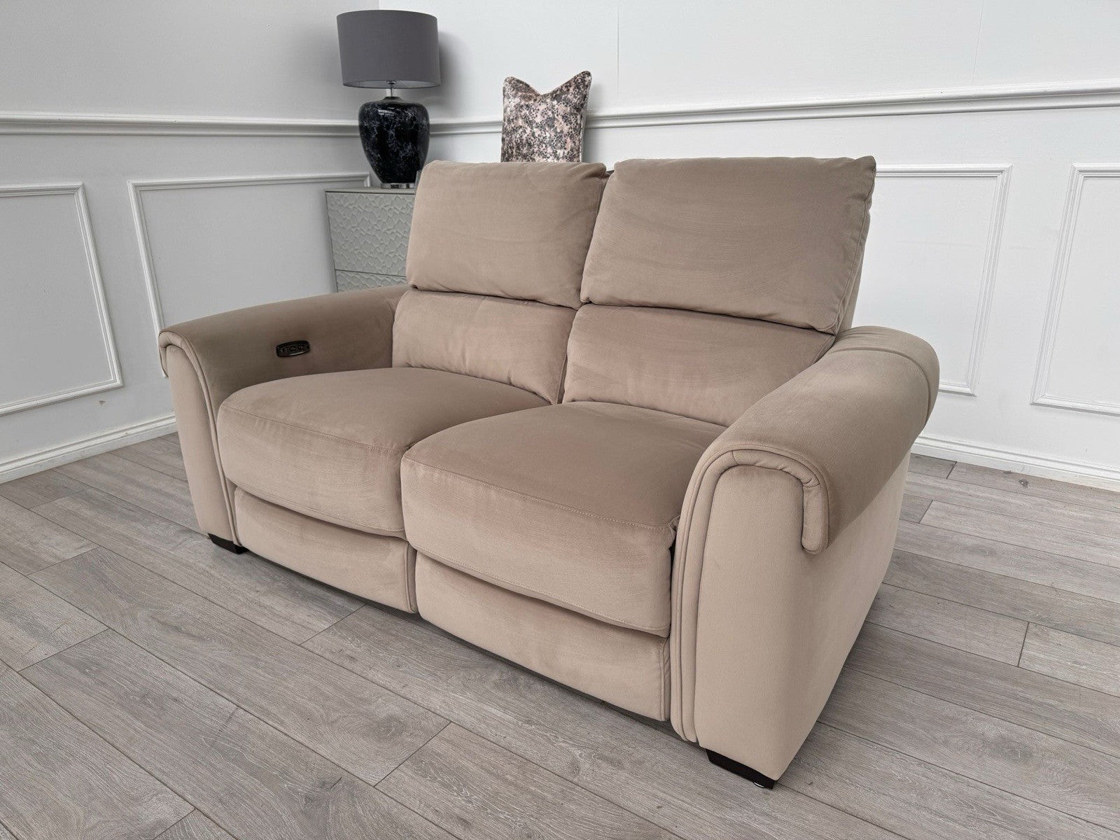 Furniture Village Nixon Beige/Mink Velvet Fabric 2 Seater Power Recliner Sofa0