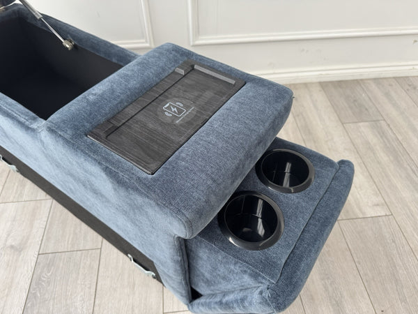 Sofology Plaza Console Chenille Denim Blue Cup Holders Wireless Charging Socket2