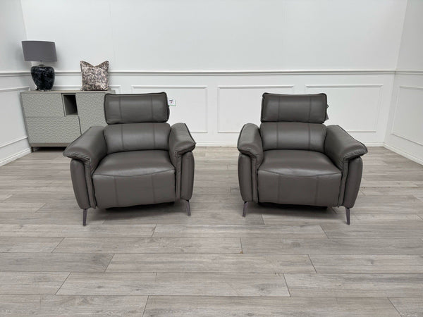 Furniture Village Jude Grey Leather 2x Armchair Power Recliner Sofa Set1