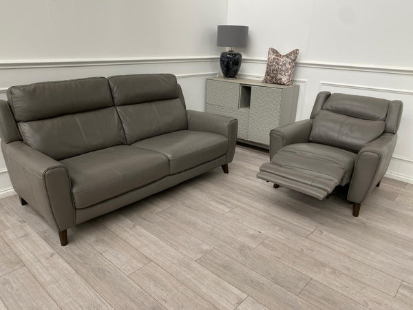 Furniture Village Zen Grey Leather 3 Seater + Power Recliner Armchair Sofa Set0