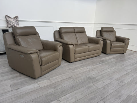 Nicoletti Lucano Dark Taupe 2 Seater Leather Sofa Set 2x Power Recliner Armchair0
