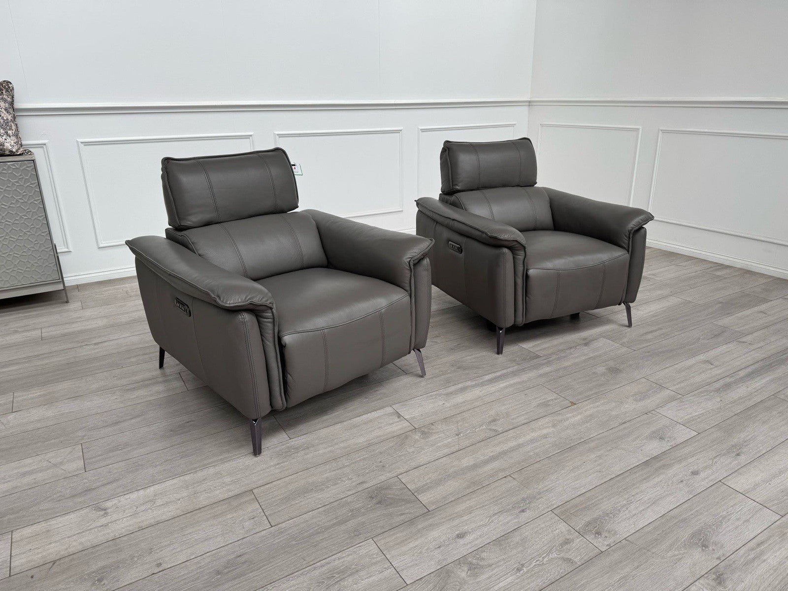 Furniture Village Jude Grey Leather 2x Armchair Power Recliner Sofa Set0