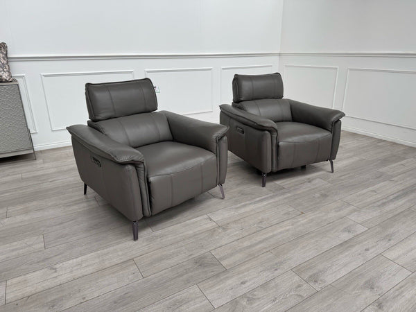 Furniture Village Jude Grey Leather 2x Armchair Power Recliner Sofa Set0