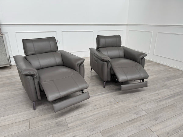 Furniture Village Jude Grey Leather 2x Armchair Power Recliner Sofa Set2