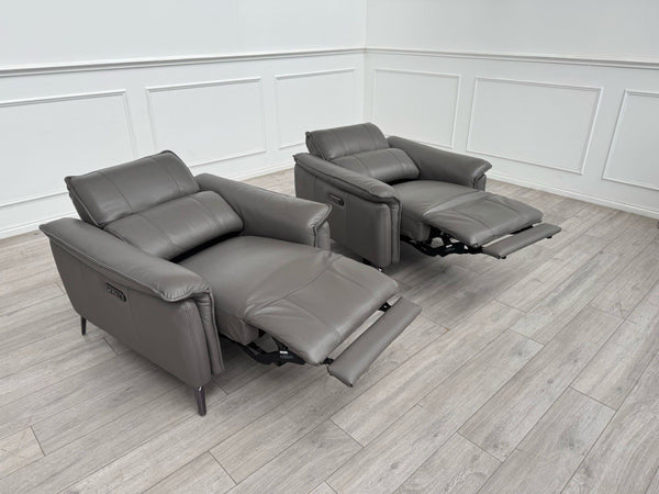 Furniture Village Jude Grey Leather 2x Armchair Power Recliner Sofa Set23