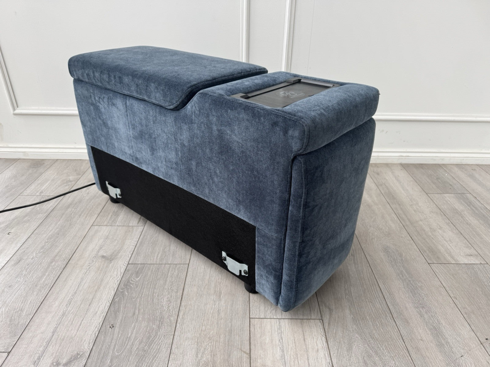 Sofology Plaza Console Chenille Denim Blue Cup Holders Wireless Charging Socket0