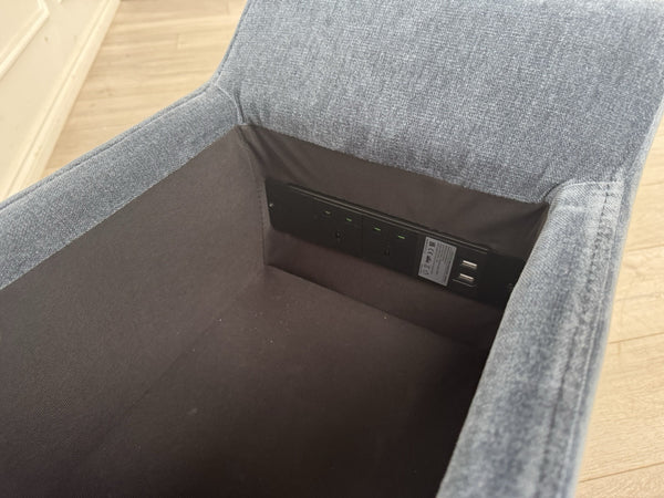 Sofology Plaza Console Chenille Denim Blue Cup Holders Wireless Charging Socket12