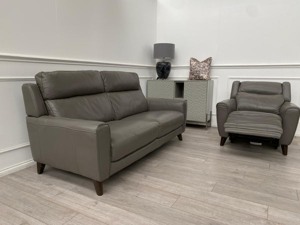 Furniture Village Zen Grey Leather 3 Seater + Power Recliner Armchair Sofa Set1