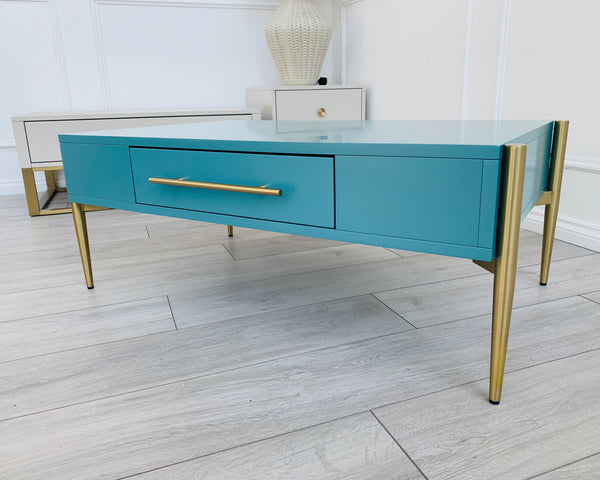 Designer Kitty Coffee Table - Matt Teal/Golden Legs