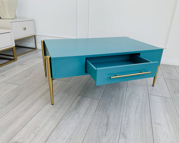 Designer Kitty Coffee Table - Matt Teal/Golden Legs