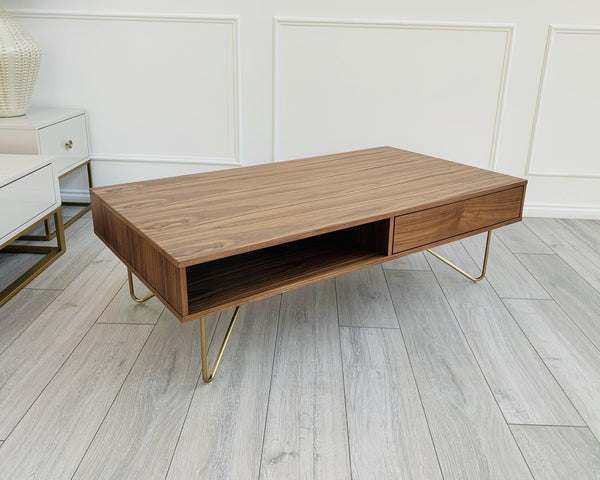 Designer Lottie Coffee Table - Natural Walnut/Golden Legs