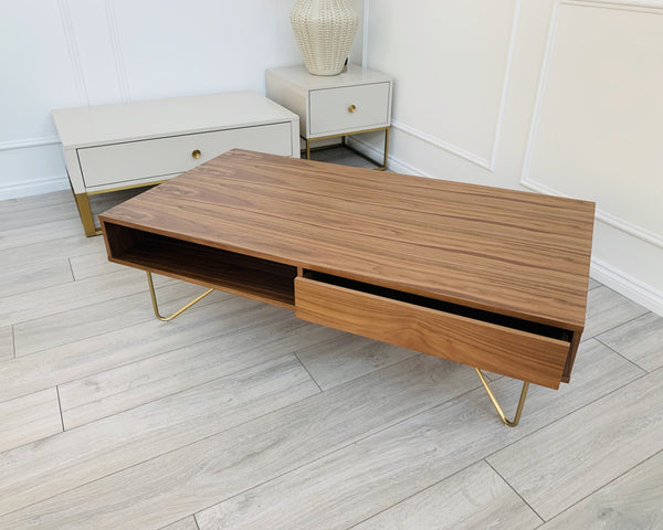 Designer Lottie Coffee Table - Natural Walnut/Golden Legs