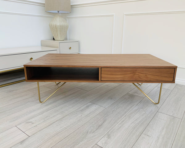 Designer Lottie Coffee Table - Natural Walnut/Golden Legs